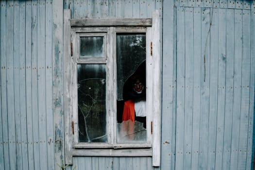 A ghostly figure in an abandoned hotel